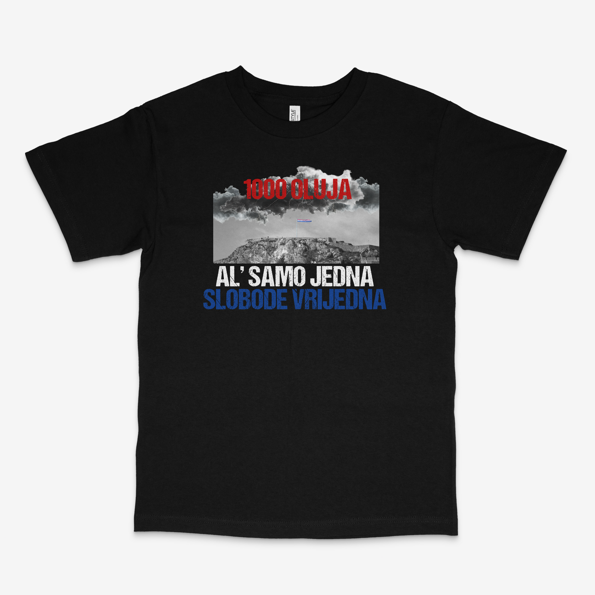 operation Strorm, operacija oluja domoljubna majica s prikazom kninske utvrde nakon oslobođenja - majica s tekstom 1000 oluja ali samo jedna slobode vrijedna
